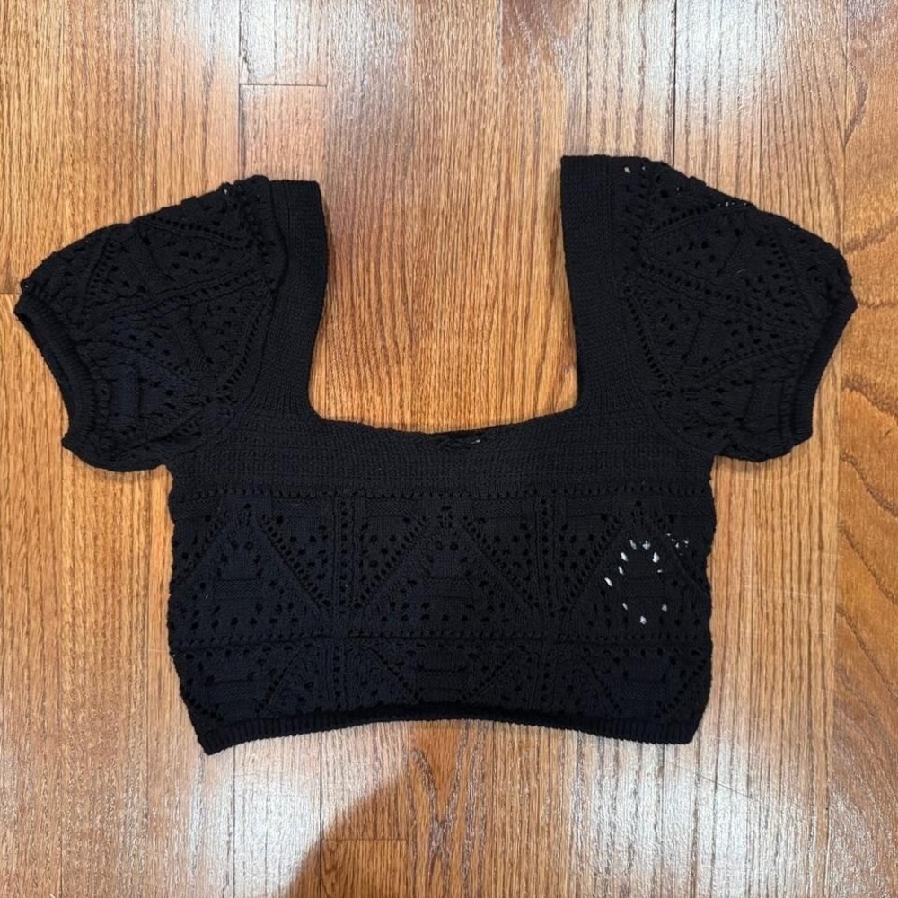 Zara Black Knit Crochet Cropped Short Sleeve Top size Small